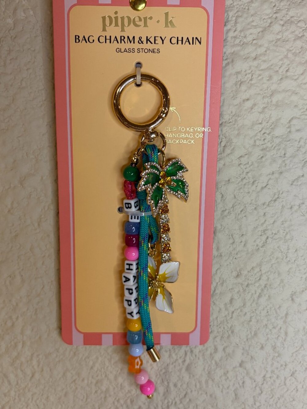 Piper K Tropical Palm Tree Be Happy Bag Charm Keychain NWT